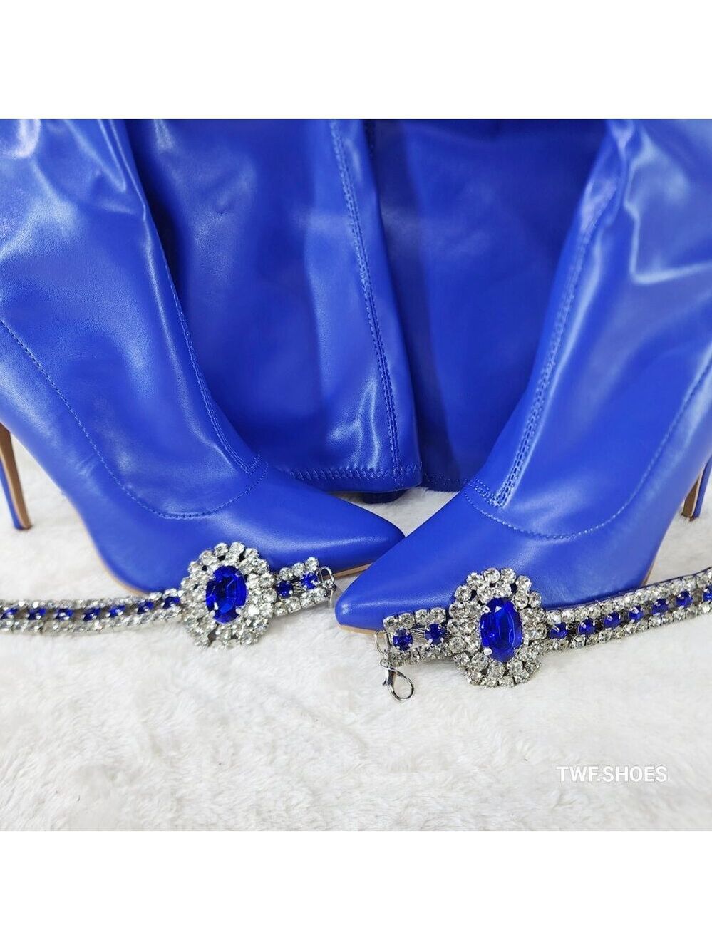Lawless Bold Blue Stretch Leatherette Rhinestone Ankle Bracelet Thigh High Boots - Picture 9 of 17